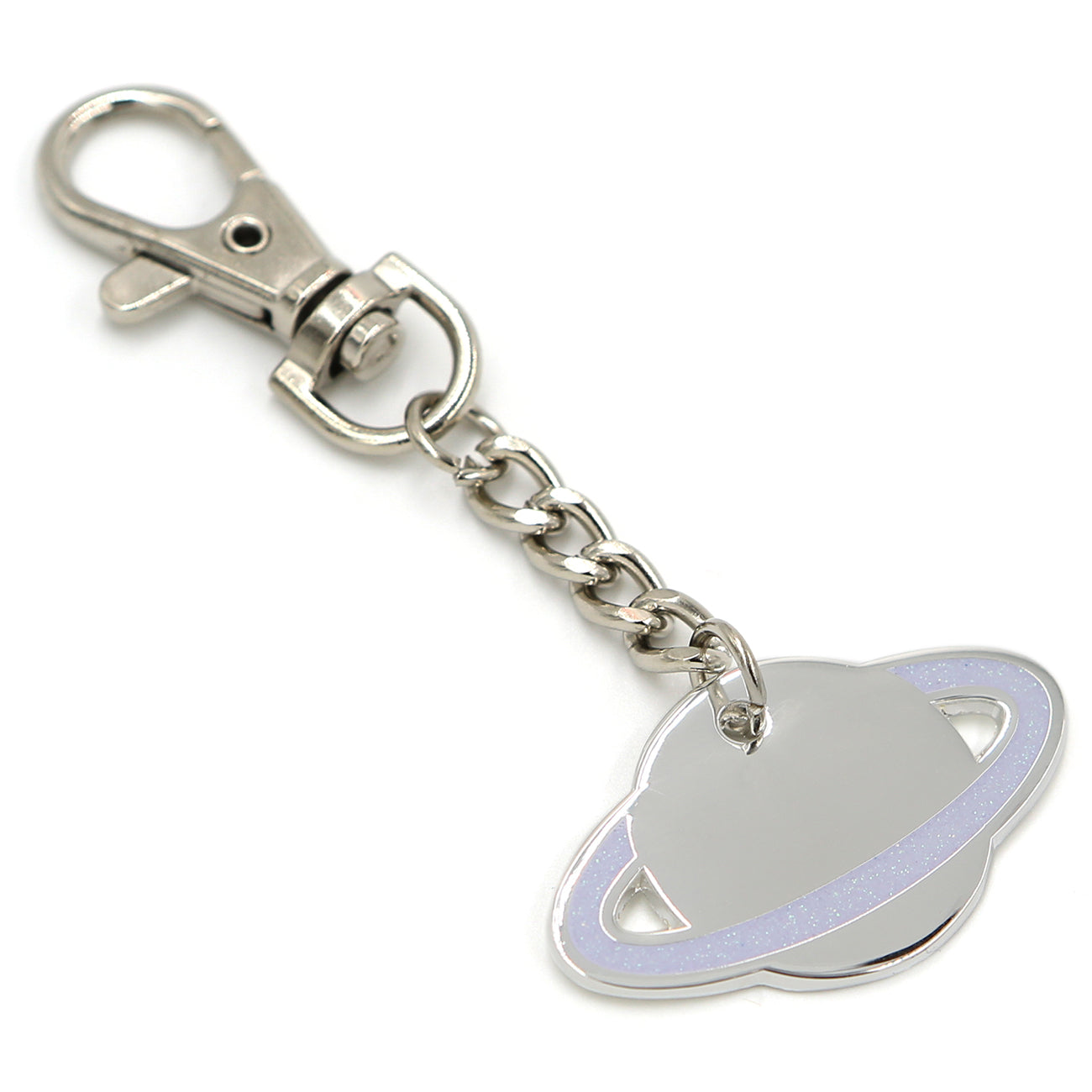 Slanted view of Silver glitter planet keychain charm with lobster clasp on white background.