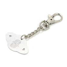 Load image into Gallery viewer, Back of Silver glitter planet keychain charm with lobster clasp on white background.