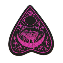 Load image into Gallery viewer, Black planchette patch with magenta detailing on white background.