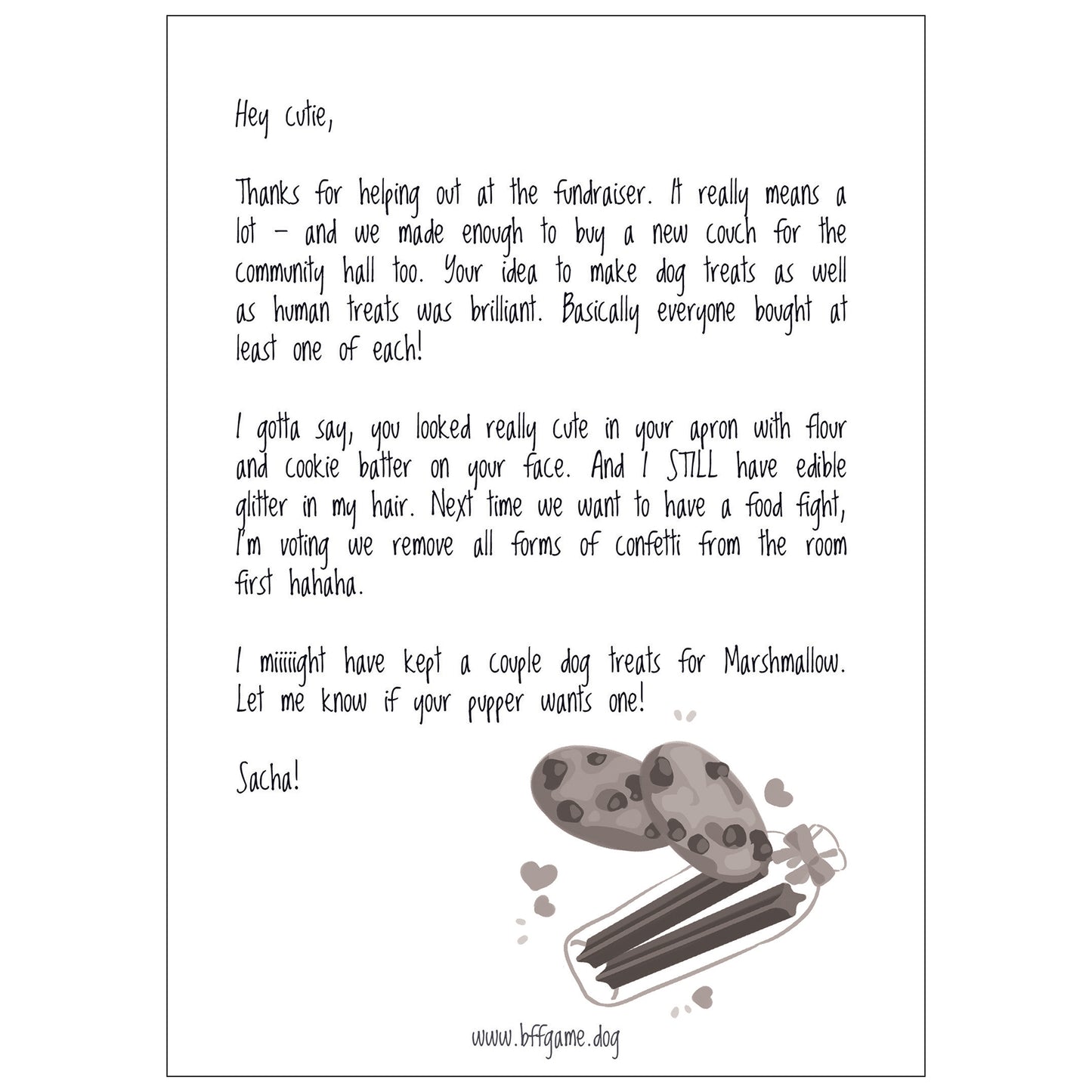 Mockup of a letter signed "Sacha!" with a drawing of two chocolate chip cookies and dog treats surrounded by hearts in black and white. White background.