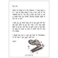 Load image into Gallery viewer, Mockup of a letter signed &quot;Sacha!&quot; with a drawing of two chocolate chip cookies and dog treats surrounded by hearts in black and white. White background.