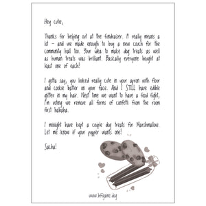 Mockup of a letter signed "Sacha!" with a drawing of two chocolate chip cookies and dog treats surrounded by hearts in black and white. White background.