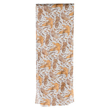 Load image into Gallery viewer, Beige and light golden yellow griffins and feathers pose and drift in pattern on white scarf.