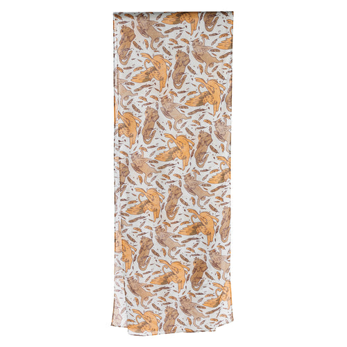 Beige and light golden yellow griffins and feathers pose and drift in pattern on white scarf.