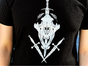 Closeup of black Tiger skull shirt on model.