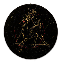 Load image into Gallery viewer, Gold painted deer on black cloth with red embroidered eye and constellation.