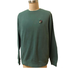 Load image into Gallery viewer, Front view of green Snaek Attack sweater boasting a snaek attack pin on a dressform.