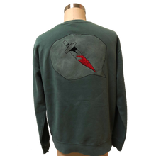 Load image into Gallery viewer, Back view of Snaek Attack sweater that depicts a bloody knife in a speechbubble.