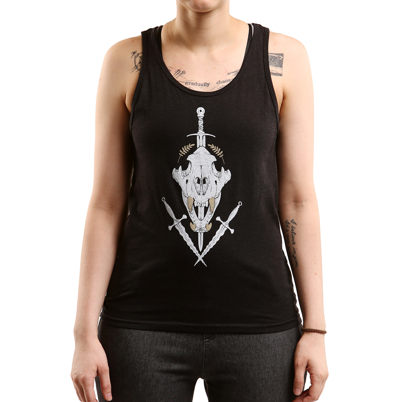 Black tank top with white tiger skull and daggers on model.