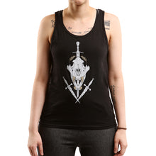 Load image into Gallery viewer, Black tank top with white tiger skull and daggers on model.