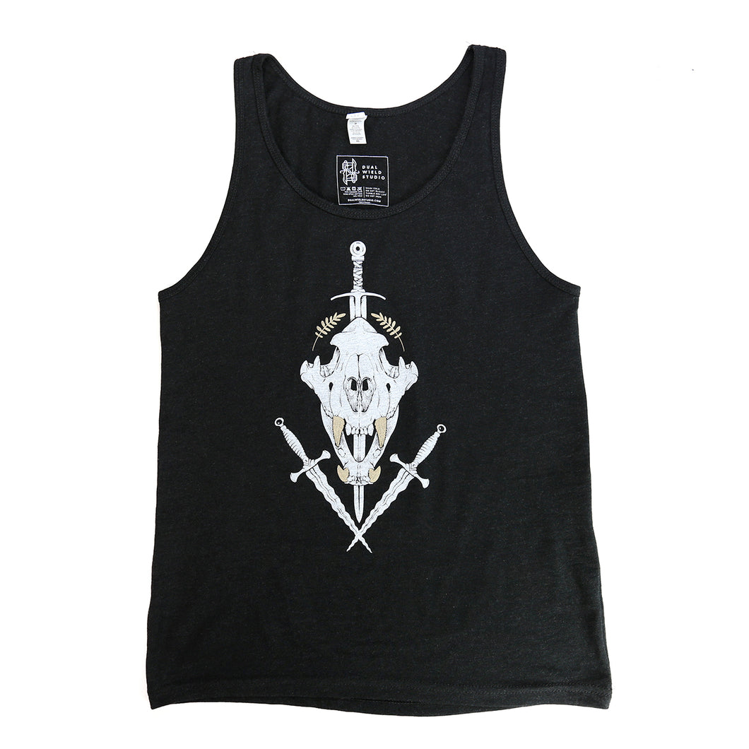 Black tank top with white tiger skull and daggers on white background.