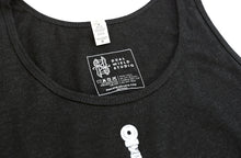 Load image into Gallery viewer, Closeup of Dual Wield Studio tag on black tank top.