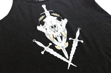 Load image into Gallery viewer, Black tank top with white tiger skull and daggers on white background.