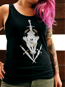 Black tank top with white tiger skull and daggers on model with pink hair.