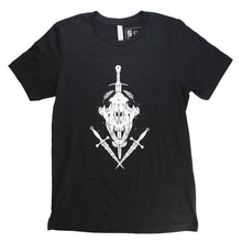 Load image into Gallery viewer, Black T-shirt with white illustration of front-facing, laurel crowned tiger skull pierced by a sword and flanked by a pair of daggers.