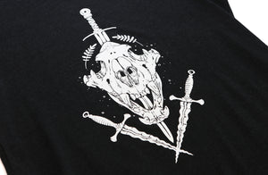 Closeup of white Tiger skull and daggers illustration on black tee.