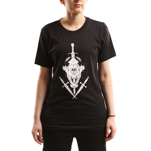 Tiger Skull shirt on model with white background.