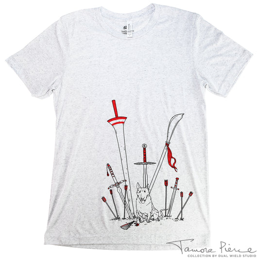 Light grey t-shirt, showing black and red outlined weapons embedded in the ground around a sitting Jump the dog.