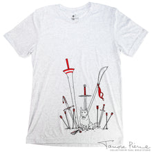 Load image into Gallery viewer, Light grey t-shirt, showing black and red outlined weapons embedded in the ground around a sitting Jump the dog.