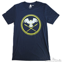 Load image into Gallery viewer, Navy t-shirt with white owl flying above crossed yellow glaives, encircled in yellow