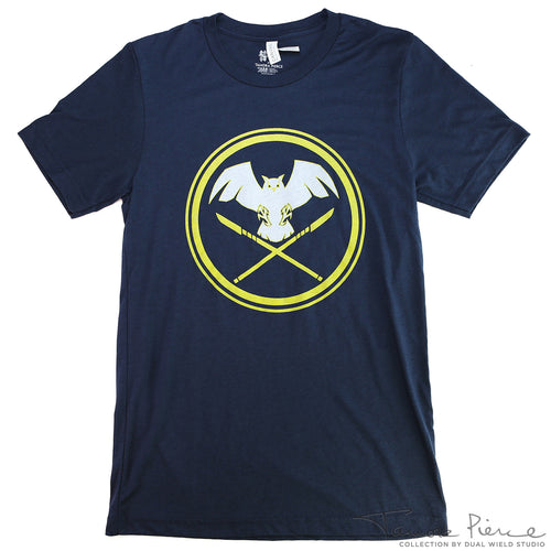 Navy t-shirt with white owl flying above crossed yellow glaives, encircled in yellow