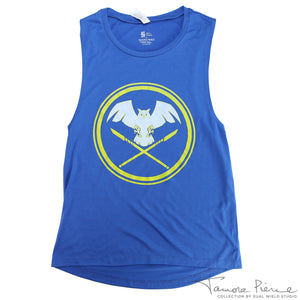 Blue tank with white owl flying above crossed yellow glaives, encircled in yellow