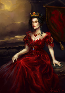 Queen Thayet portrait in red dress print.