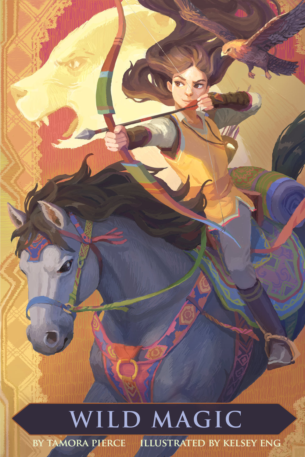 A highly detailed painting of Daine from the imagination of Kelsey Eng. You can see Numair in his hawk form, Badger god in the background, his claw on a  pendant around her neck, and her pony Cloud.