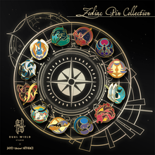 Load image into Gallery viewer, Complete zodiac pin collection laid over an astrology chart.