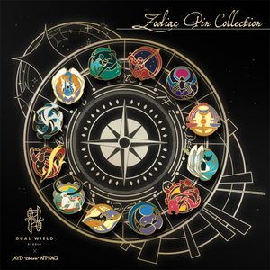 Complete zodiac pin collection laid over an astrology chart.